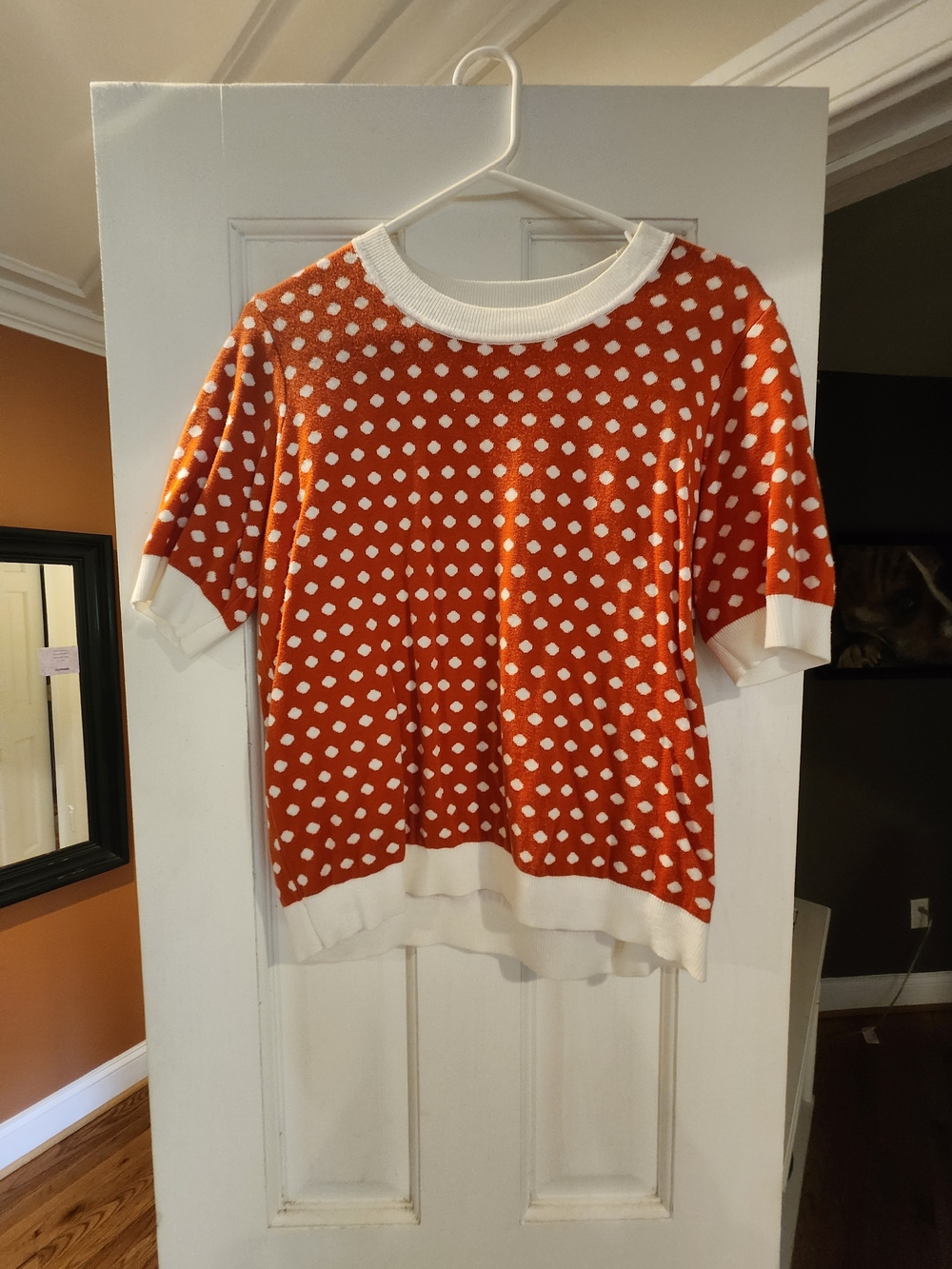 LOFT Orange Polka Dot Crewneck Short Sleeve Sweater